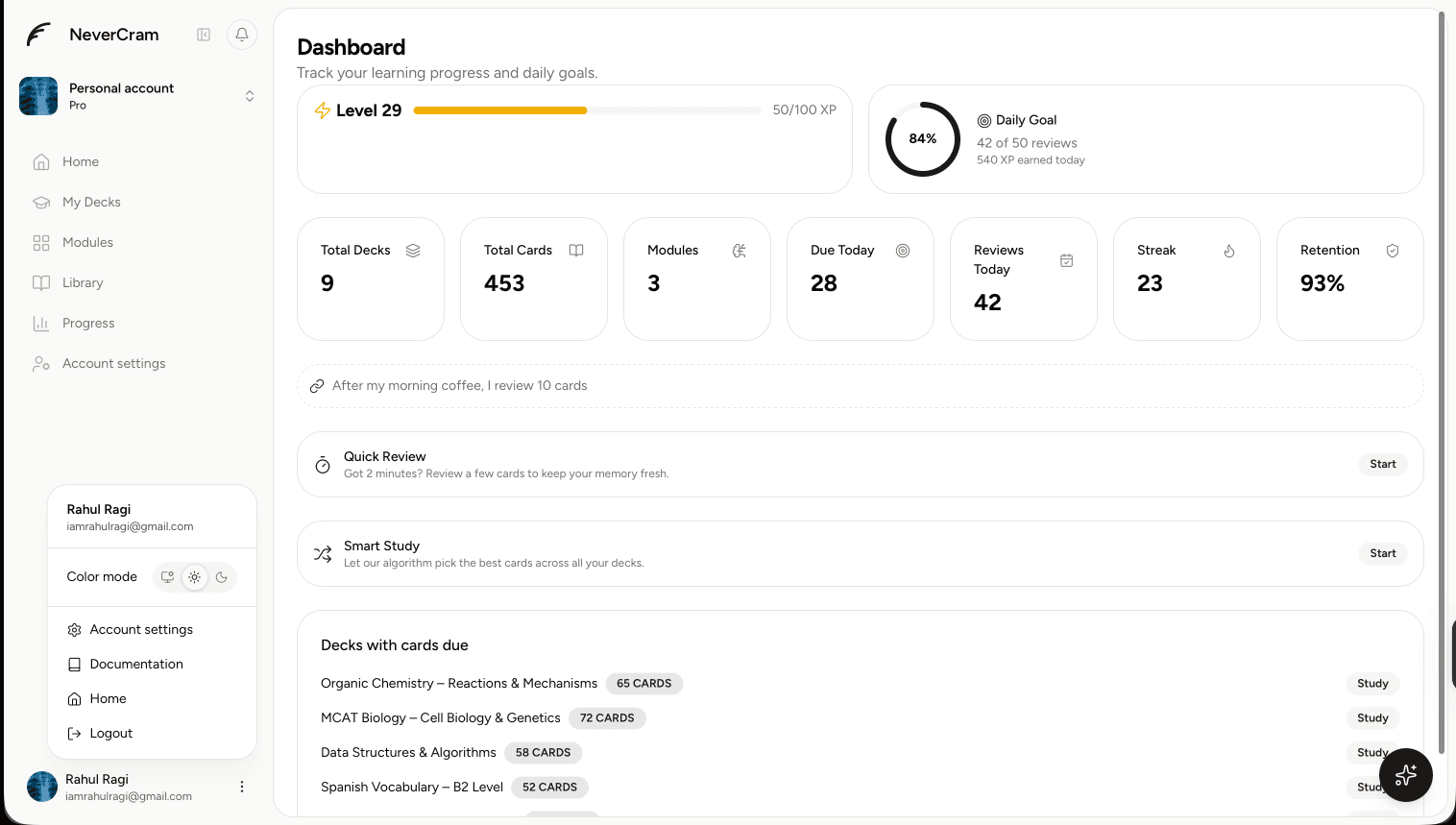 NeverCram app showing a study session with spaced repetition cards